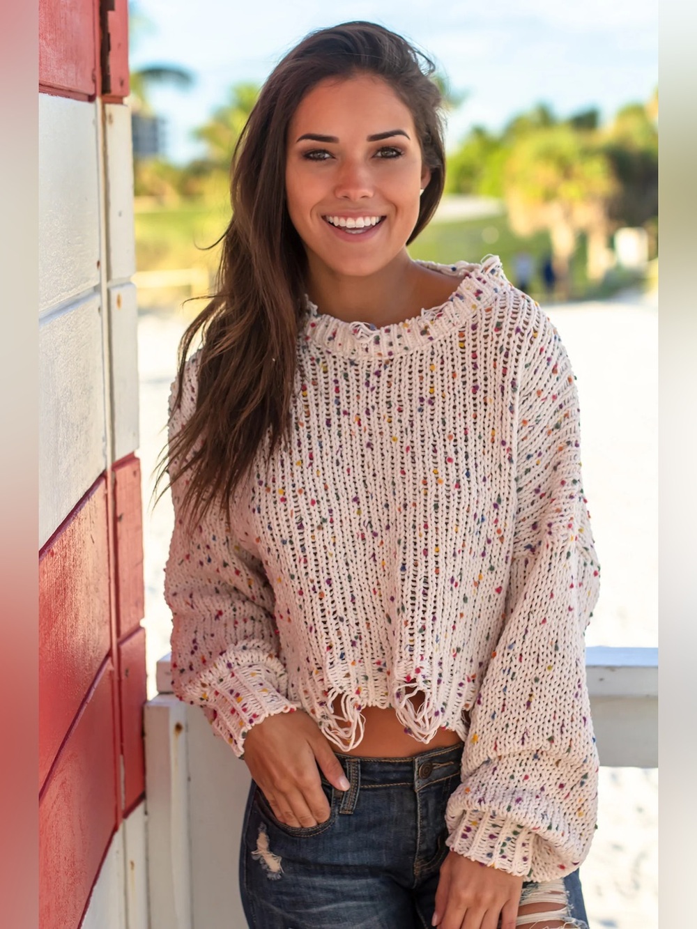 Main Strip Cream Knit Sweater with Multicolor Pom Details S